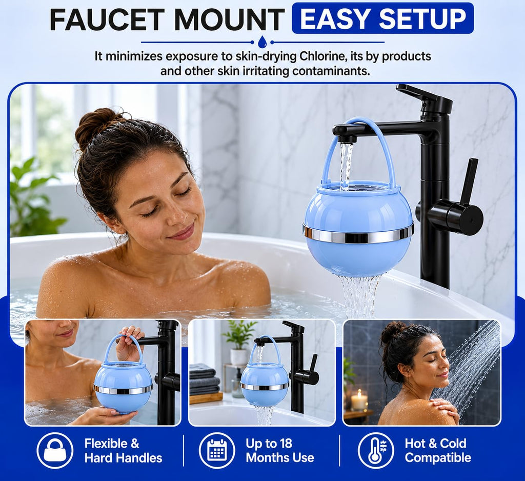 Crystal Quest Bath Ball Filter for Tub Faucet, Bathtub Water Filter, BPA-Free Bathtub Filter, Removes Chlorine, Lead & Impurities, Improves Skin, Hair & Nails, Long Lasting, Fits Most Tubs - Blue