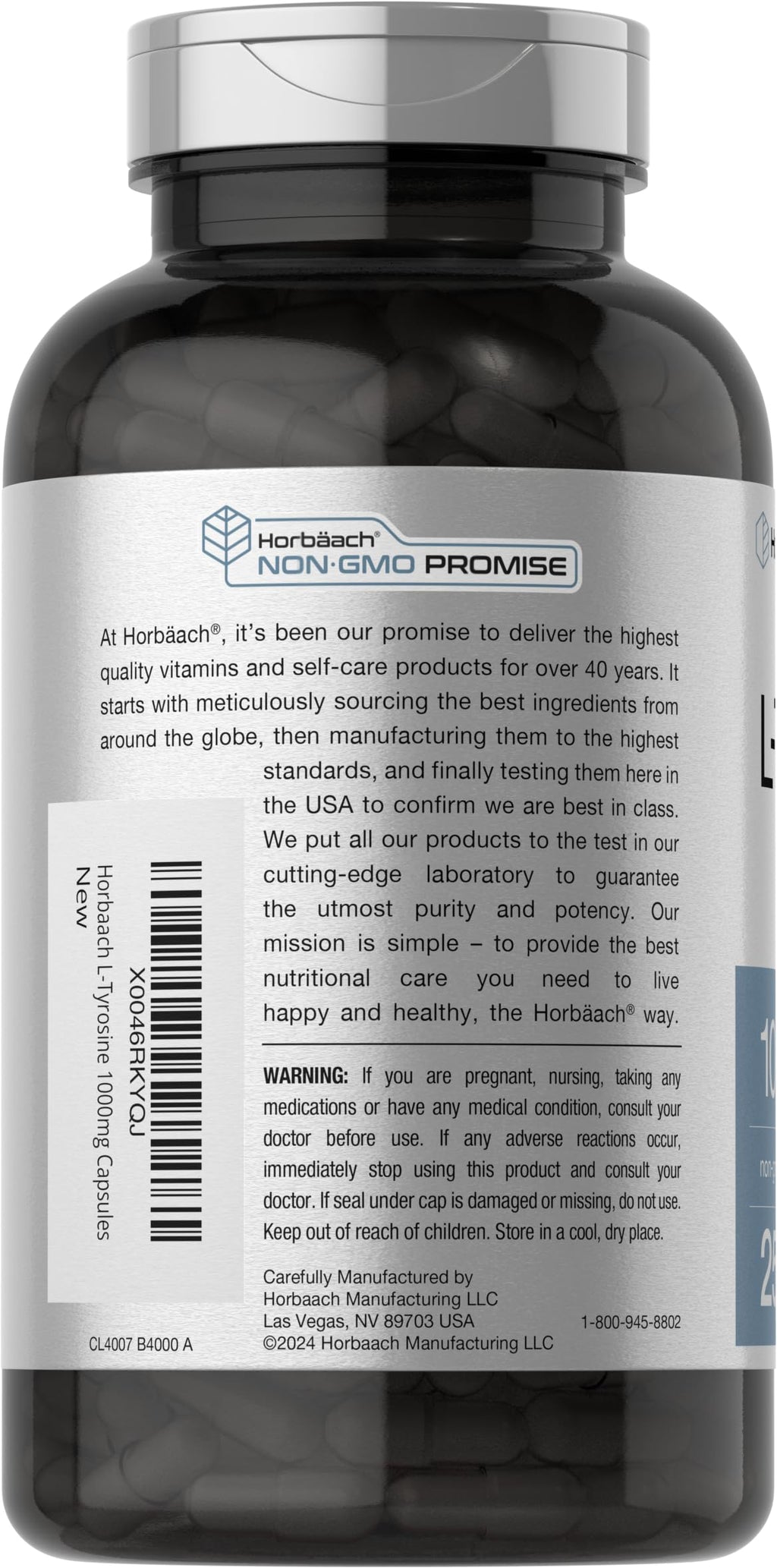 Horbäach L-Tyrosine Supplement | 1000mg | 250 Capsules | Non-GMO and Gluten Free Formula