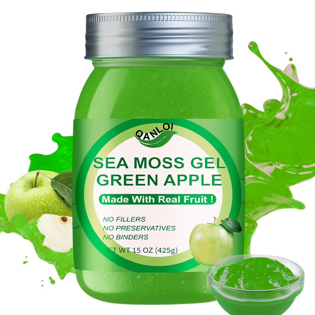 Sea Moss Raw,15OZ Natural Sea Moss Gel with Irish Sea Moss-Immune and Digestive Support Vitamin Mineral Antioxidant Supplements(Green Apple)
