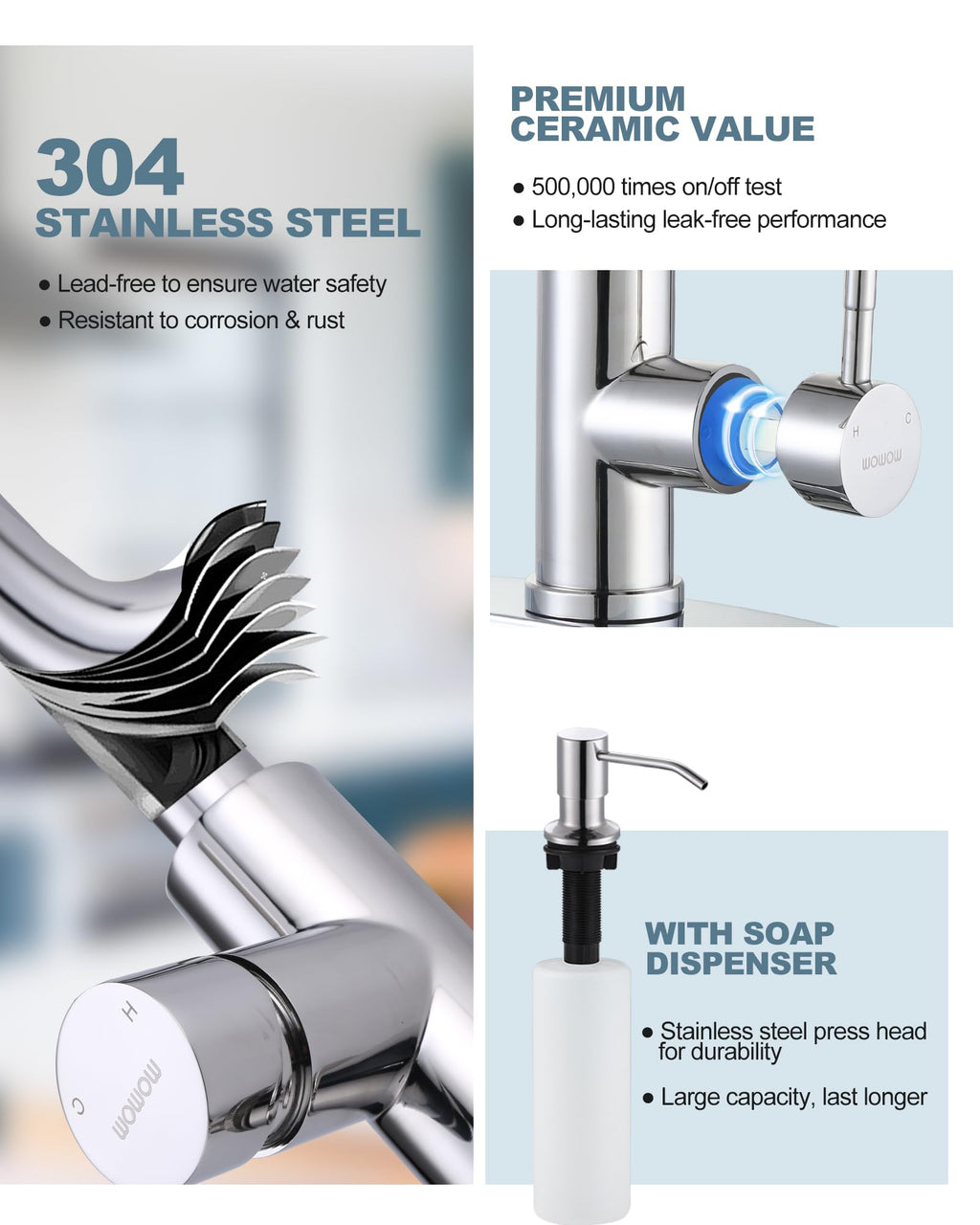 Chrome Kitchen Faucet with Soap Dispenser, WOWOW Stainless Steel Faucet for Kitchen Sink 2 or 4 Hole, High Arc Single Handle Pull Down Kitchen Faucet for Sink, RV, Laundry, Bar