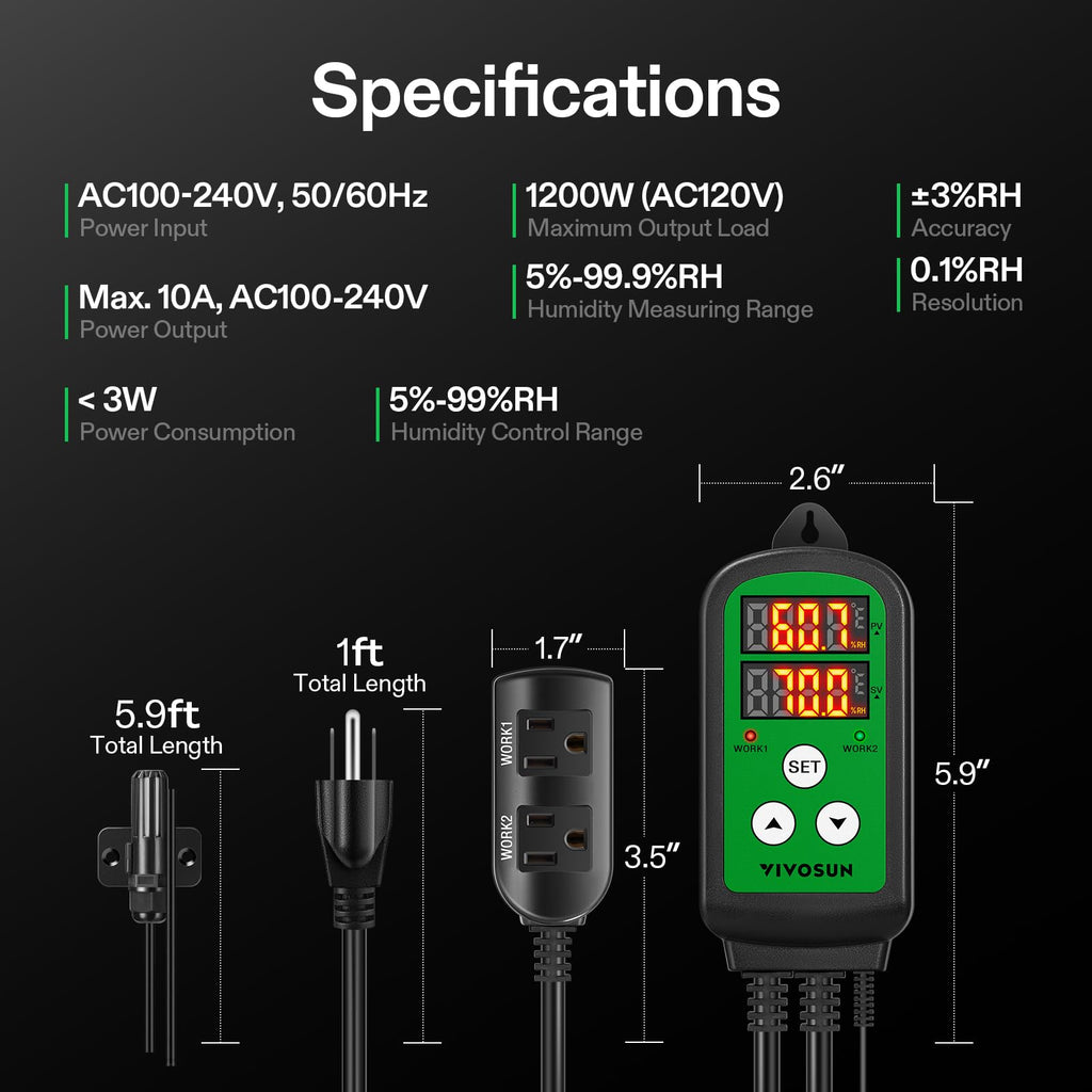 VIVOSUN Humidity Controller, 1200W Dual-Stage Outlet, Pre-Wired Digital Humidistat with Dual LED Displays for Humidifier/Dehumidifier/Fan, Ideal for Greenhouse, Grow Tent, Home-Brewing, Mushroom