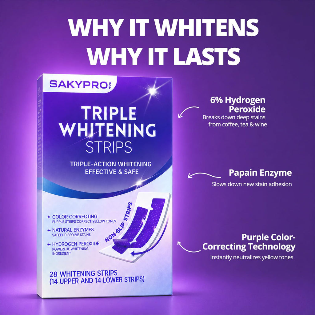 SAKYPRORAL Purple Whitening Strips, 90-Day Long-Lasting Results, Enamel Safe & Low-Sensitivity, Professional Teeth Whitening Strips with Non-Slip Dry Strip Technology (28 Count (Pack of 1))