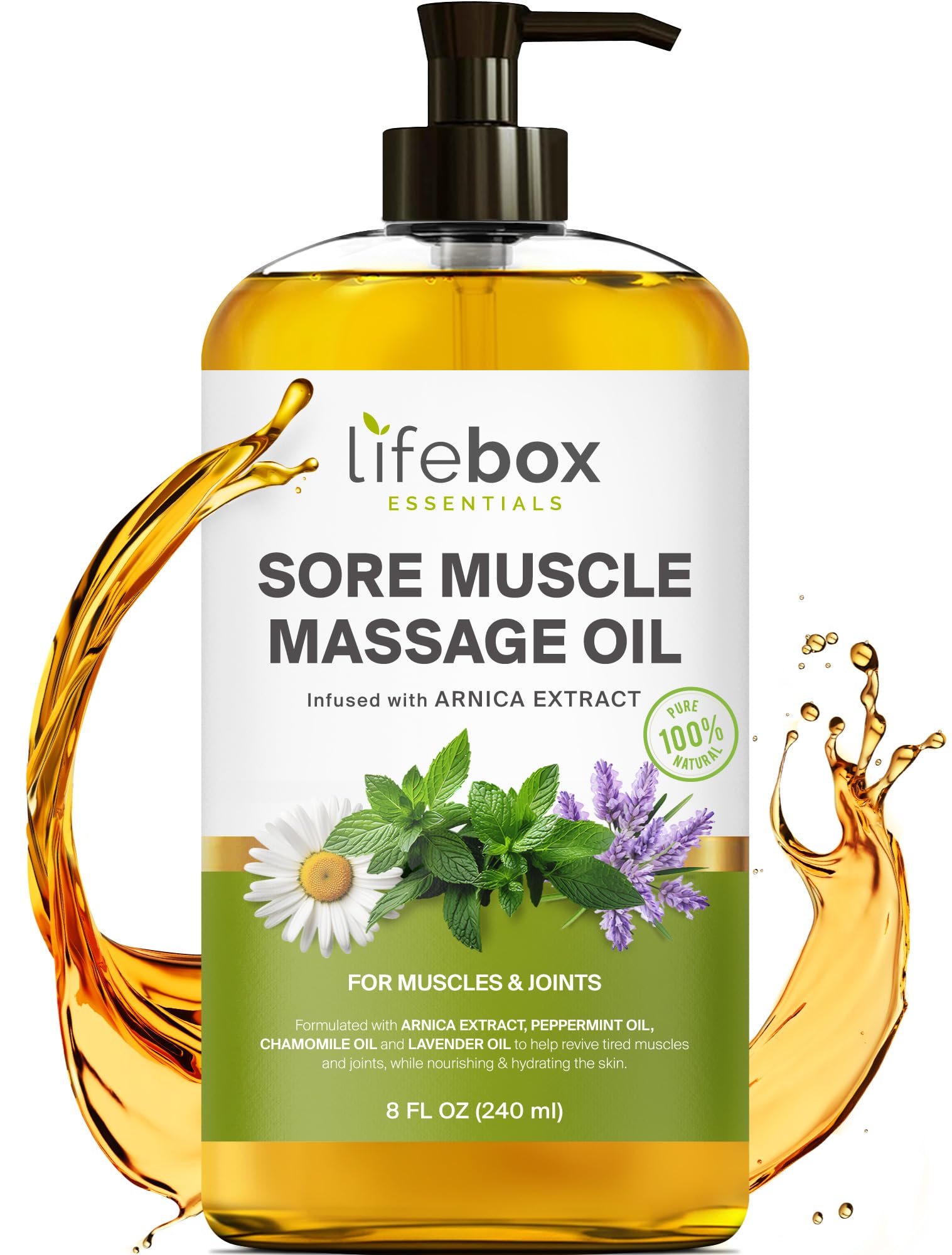 Arnica Sore Muscle Massage Oil – 100% Pure & Natural - Massage Therapy for Muscles & Joints – Body Oil Infused with Arnica Extract, Lavender, Peppermint & Chamomile Oils – 8 FL OZ