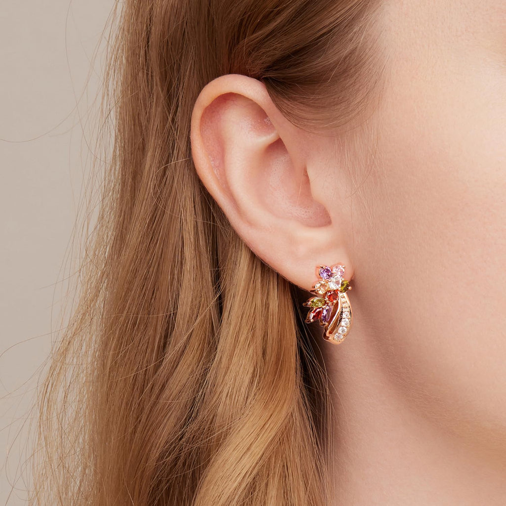BISAER Rose Gold Multicolor CZ Flower Stud Earrings for Women Lady Trendy