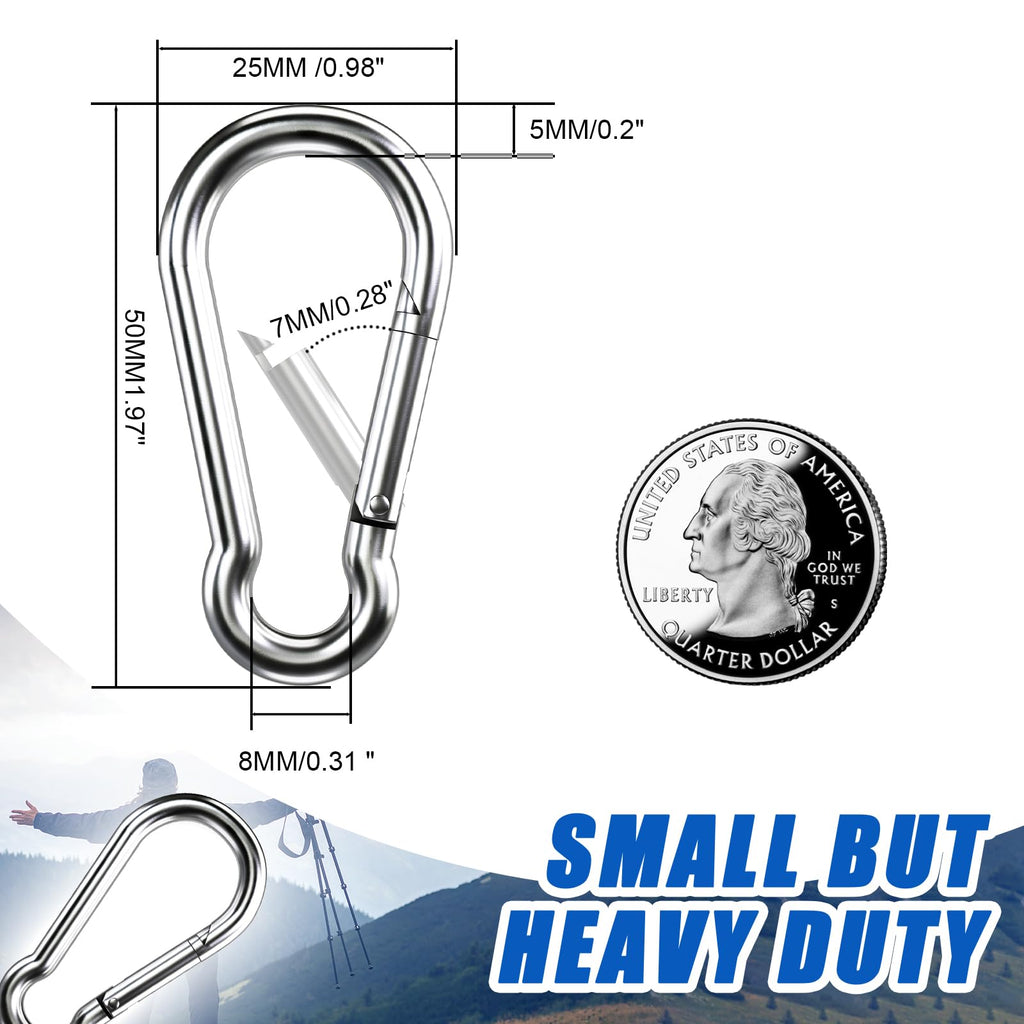 Small Carabiner Clip Hooks, 25pcs 1.97 inch Carabiners Heavy Duty, 304 Stainless Steel Spring Snap Hook Fits Camping Hiking, Metal Clips for Rope Chain Keys Rings