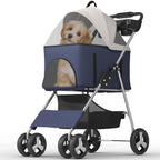 OS MOTOR Pet Stroller with 4 Wheels for Small/Medium Pets,Travel Foldable Detachable Carrier for Dog Cat Cage Jogger Stroller, Rear Wheel Breaks, Storage Basket, Visible Mesh Weather Cover (Navy Blue)