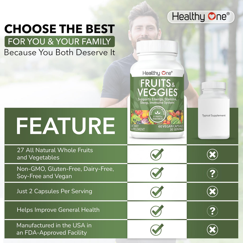 Fruits & Veggies Formula - 27 Premium Whole Foods - Organic Ingredients - Equals 3 Servings of Fruits & Vegetables - Improve Energy, Focus & Immune Function - Fiber - Antioxidants - 60ct (30 Serv)