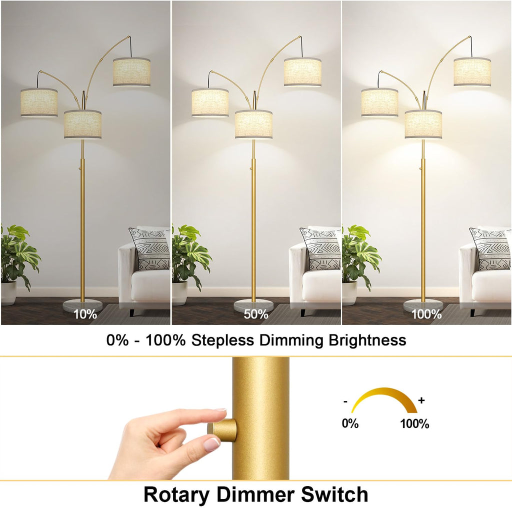 Dimmable Floor Lamp - 3 Lights Gold Arc Floor Lamps for Living Room, 1000LM Modern Tall Standing Lamp with White Shade&Marble Base, Mid Century Tree Floor Lamp for Bedroom Office, 3 LED Bulbs Included