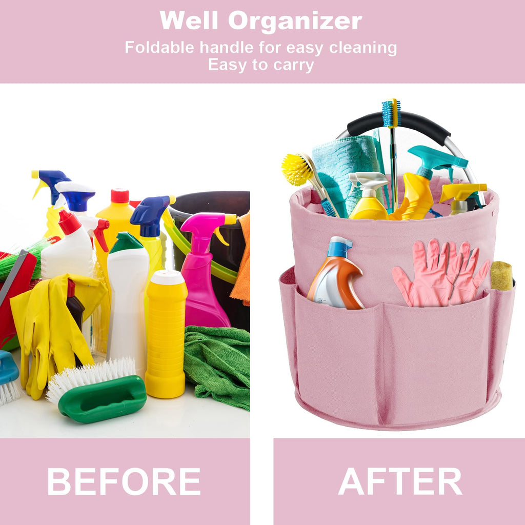 Bototack Cleaning Caddy with Handle, Cleaning Products Organiser, 17L Foldable Storage Basket, Cleaning Caddy Organiser, Portable Multi Cleaning Bucket Bag for Home, Garden (Pink)