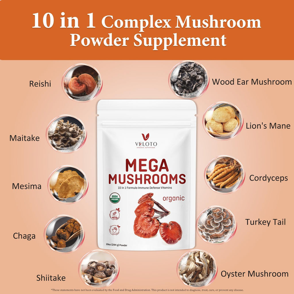 VELOTO Organic Mega Mushroom Powder Blend,10 in 1 Complex Mushroom Extract Powder Herbal Supplement with Reishi, Cordyceps, Chaga, Lion's Mane, Vegan & More, Sustainably US Grown, Filler Free, 10oz