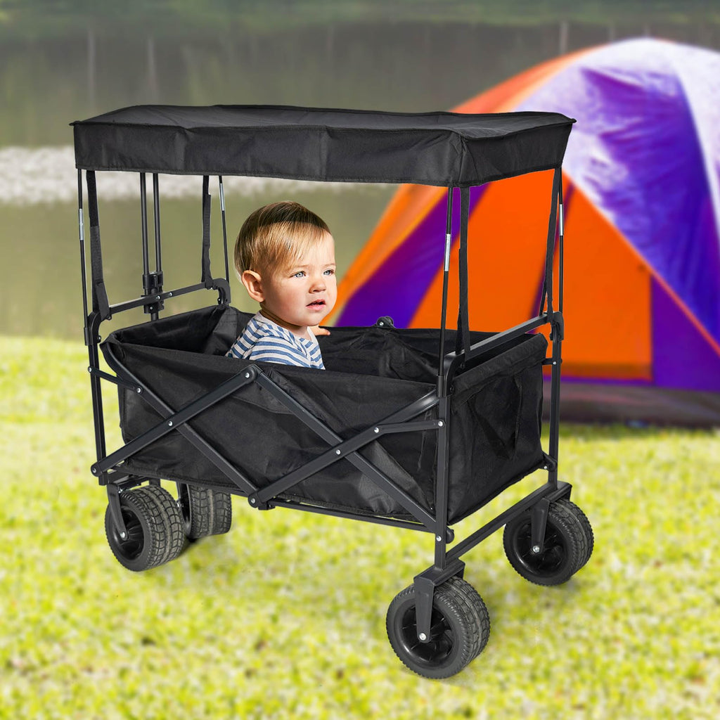 Black Removable Wagon Canopy Attachment with Rods, Foldable Sun Shade Cover