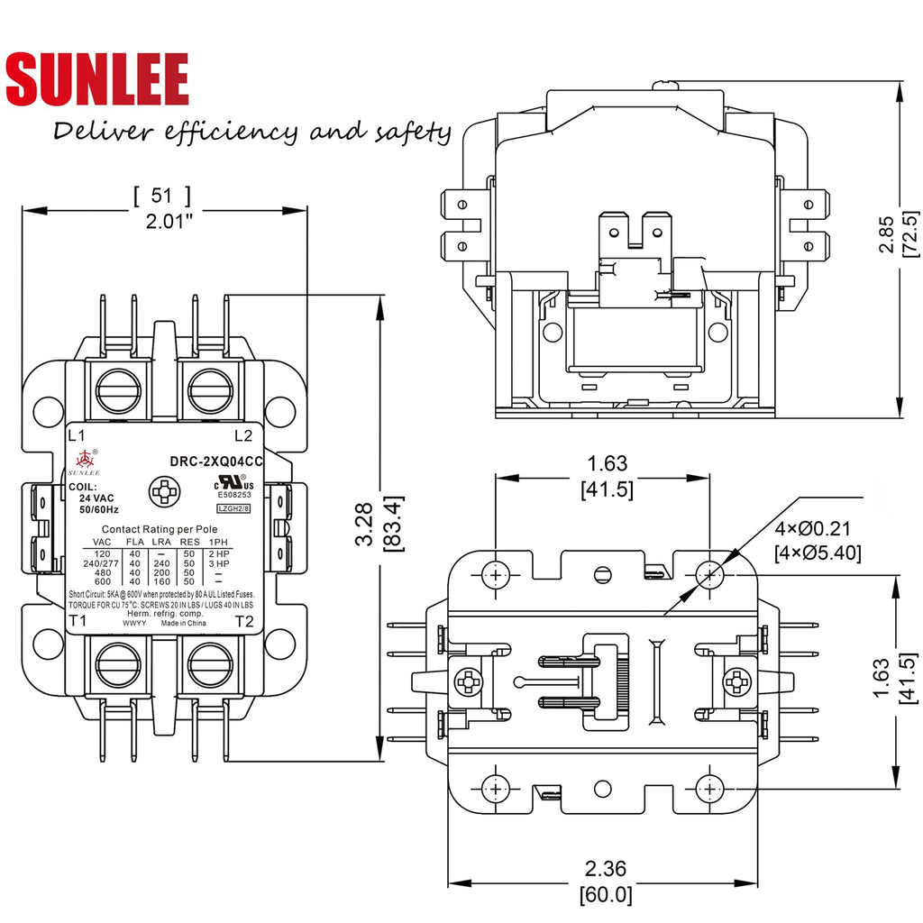 SUNLEE 2 Poles FLA 40 Amp Coil 24 VAC Air Conditioner Condenser Compressor Contactor AC Definite Purpose Contactor Universal Fit UL Recognized A2L Compliant