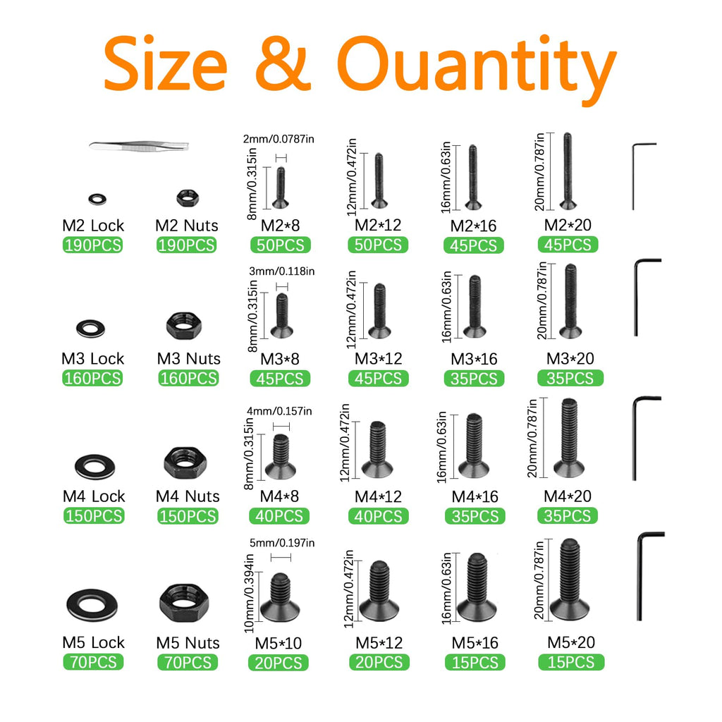1715Pcs M2 M3 M4 M5 Screw Kit - 3D Printer Mini Screw, Allen Head/Flat Head/Countersunk Bolt/Screws, Metric Bolts Assortment, Black Nuts and Bolts for Mechanical Hardware
