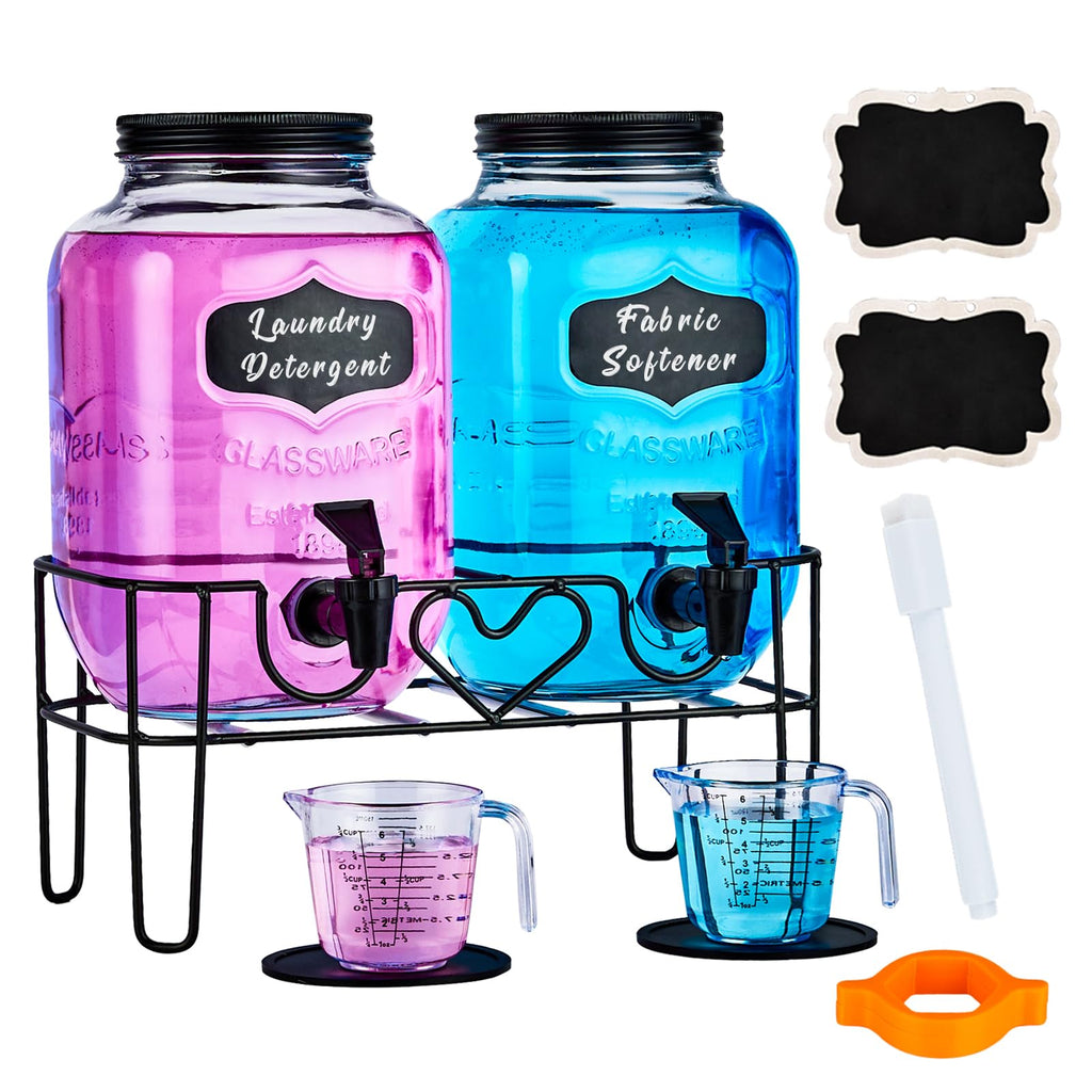 1 Gallon Liquid Laundry Detergent Dispenser with Stand, Glass Laundry Soap Dispenser, Glass Jars for Laundry Room Organization and Storage, Liquid Detergent, Fabric Softener