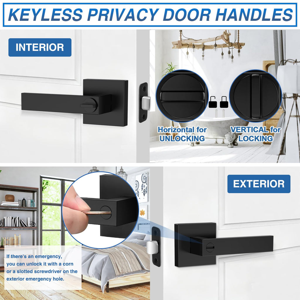 Plustool 1 Pack Matte Black Door Handles, Keyless Interior Door Knobs, Privacy Door Lever Locksets for Bedroom Bathroom, Heavy Duty Square Door Lock, Reversible for Left&Right Handled Doors