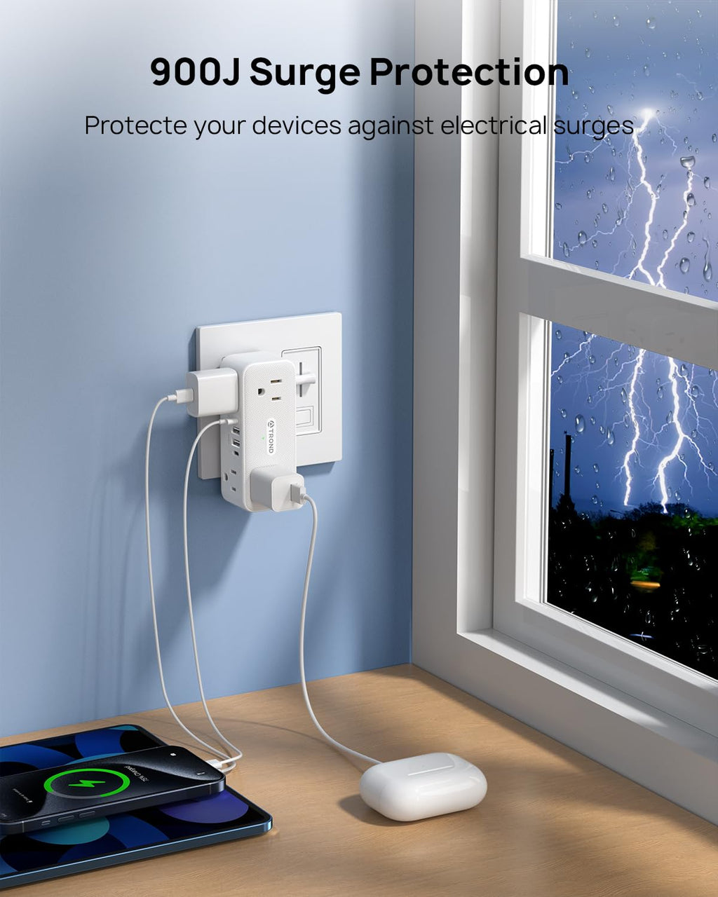 TROND 360° Rotating Wall Outlet Extender 2 Pack, 6AC Outlet Splitter with 2 PD20W USB C Charger and 2 USB A Ports, 900J Surge Protector, 3-Way Sideways Plug Adapter for Kitchen, Bathroom, Bedroom