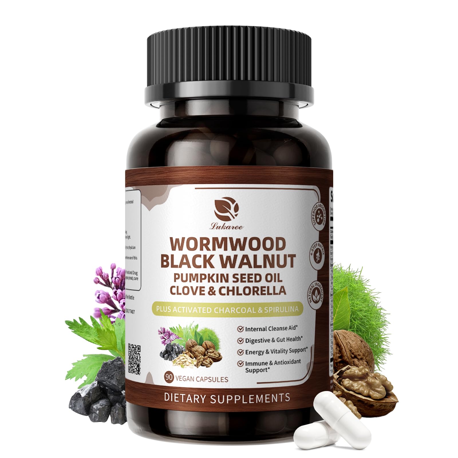 Lukaree Wormwood Black Walnut Cleanse for Human 1200mg – Ultra Gut Cleanse & Digestive Health w/Pumpkin Seed Oil,Clove,Activated Charcoal -10X Concentrated, Men & Women Probiotic Capsules -Vegan,90 CT