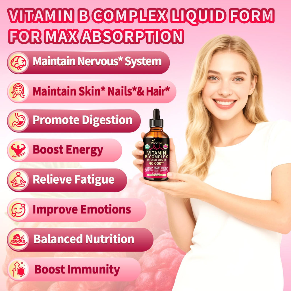 VivoNu Vitamin B Complex Liquid Drops, Methylated Vitamin B12 6000 mcg, B1, B6, B3, B5, B2, Folate, Biotin, Magnesium, Zinc, CoQ10 for Metabolism* & Energy Support, Raspberry Flavor - 3 Bottle