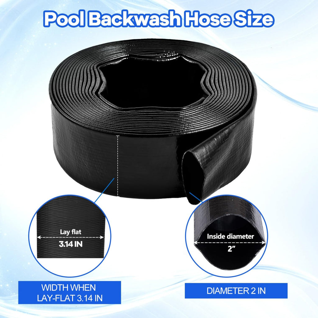 Gonioa 2 inches x 100 FT Heavy-Duty PVC Swimming Pool Backwash Hose, Reinforced Discharge Hose with Clamp for Swimming Pools, Black