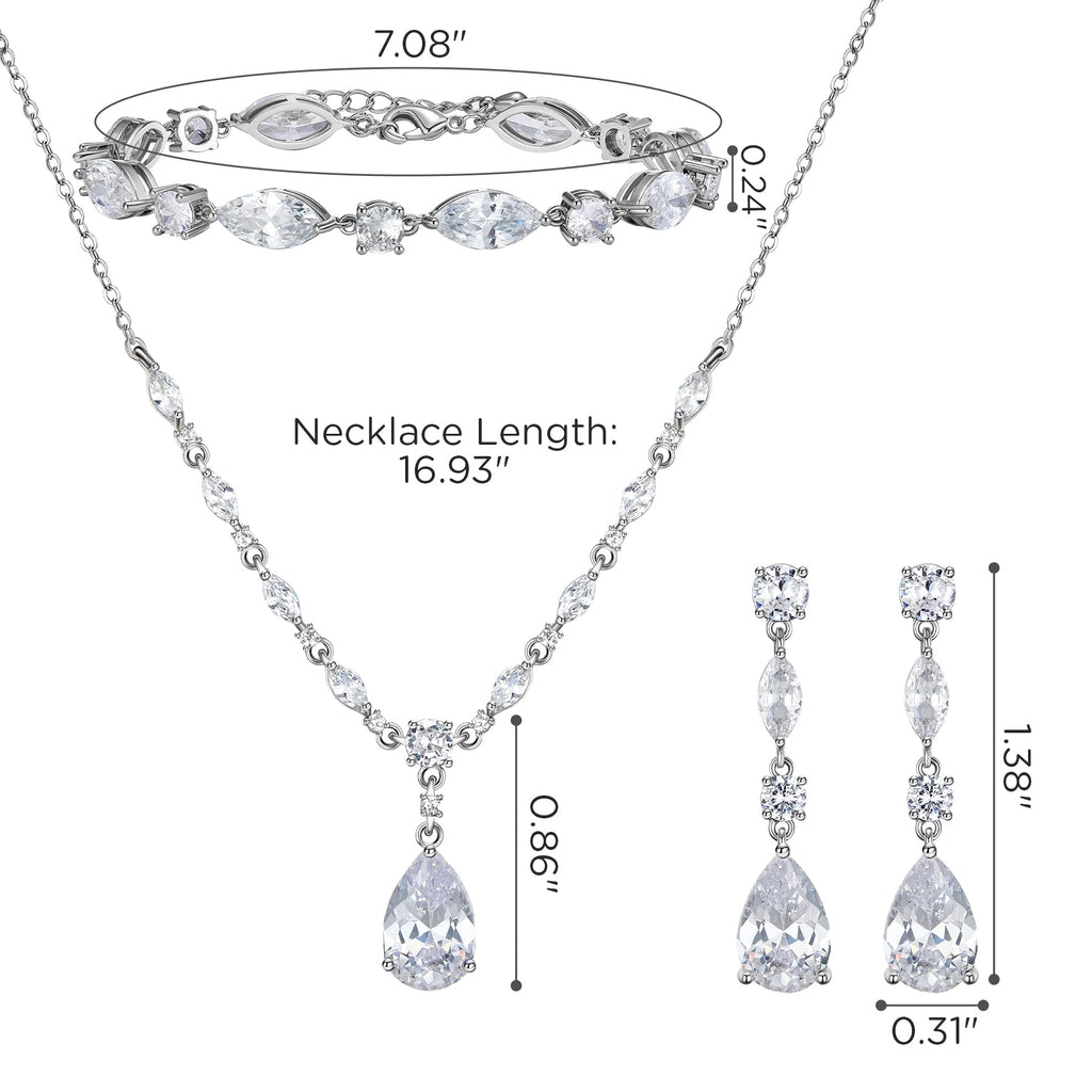 SWEETV Bridal Jewelry Set for Wedding, Cubic Zirconia Necklace Dangle Drop Earrings Bracelet Set, Teardrop Marquise Brides Bridesmaids Wedding Prom Anniversary Jewelry Gifts for Women