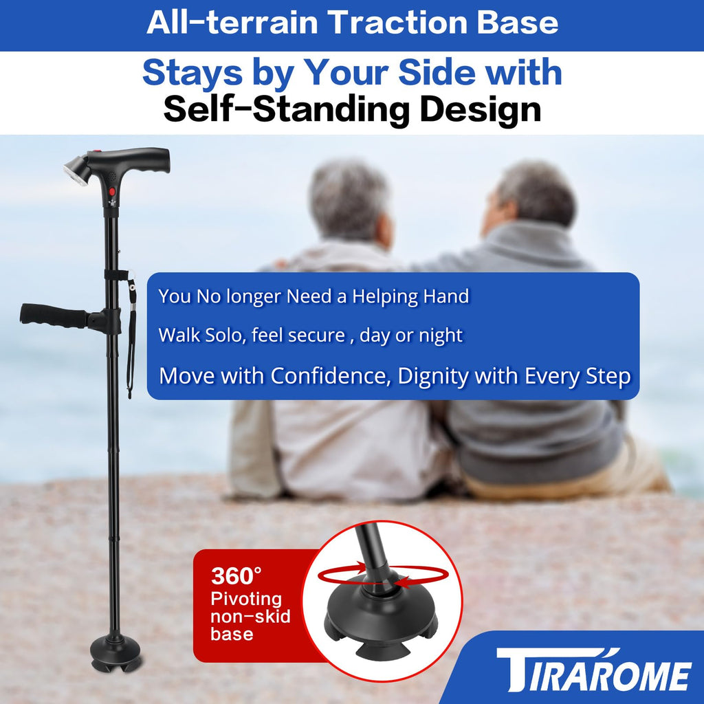 Walking Cane for Men & Women, 3-in-1 Folding Cane with Alarm and Light, Adjustable, Free Standing, Collapsible Walking Stick for Seniors Balance with a Second Handle for Standing, TIRAROME