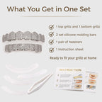 JINAO Grillz Teeth Men - Grills for Your Teeth 8 Top & Bottom Set, 18K Gold-Plated Brass Dental Grills with Molding Bars, Unisex Hip-Hop Rapper Costume Accessory(Iced Silvery Set)