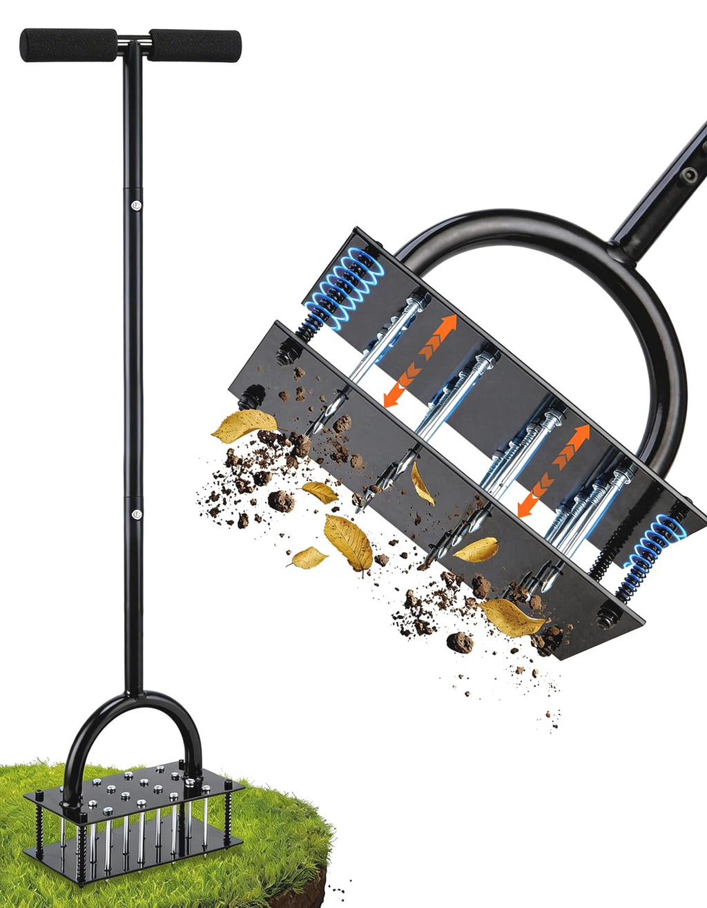 Uojim Lawn Aerator, 15x3 Solid Steel Tines for Efficient Aeration, Dual-Spring Auto-Clean to Prevent Clogging, 38" Ergonomic T-Handle & Wide Foot Pedal Used for Courtyard,Garden,Patio