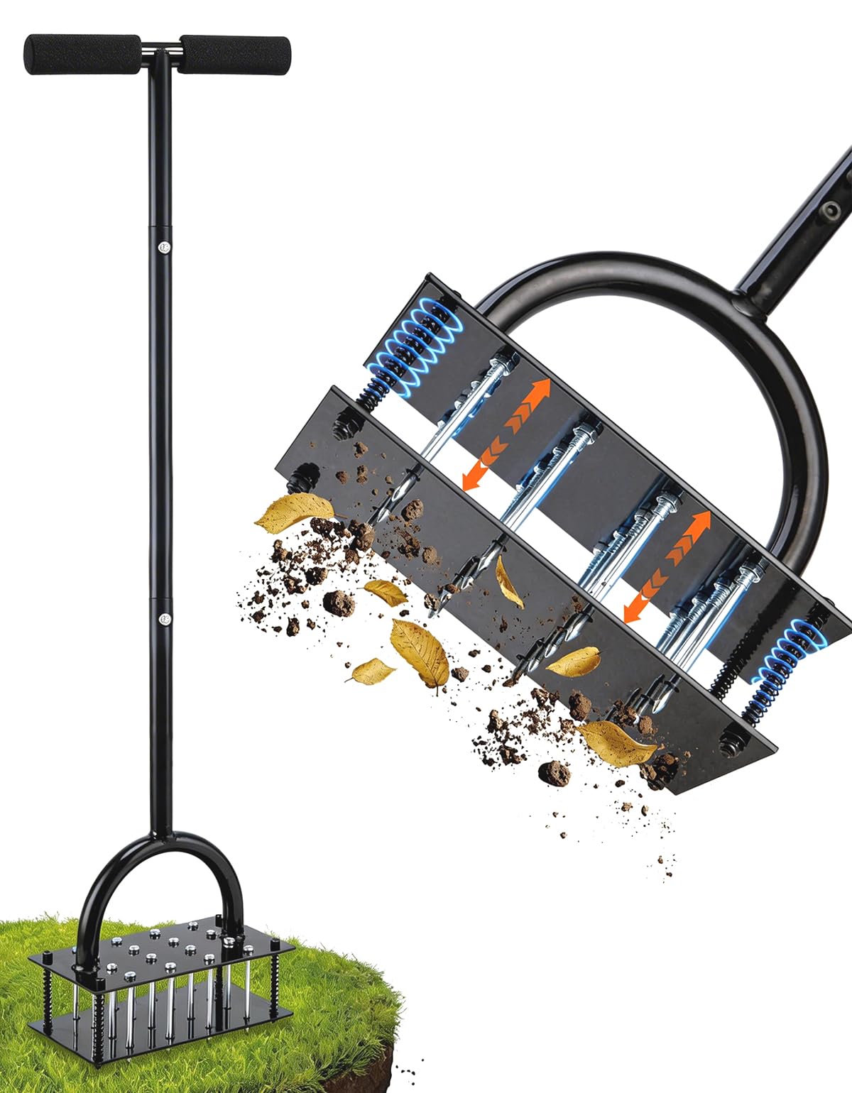 Uojim Lawn Aerator, 15x3 Solid Steel Tines for Efficient Aeration, Dual-Spring Auto-Clean to Prevent Clogging, 38" Ergonomic T-Handle & Wide Foot Pedal Used for Courtyard,Garden,Patio