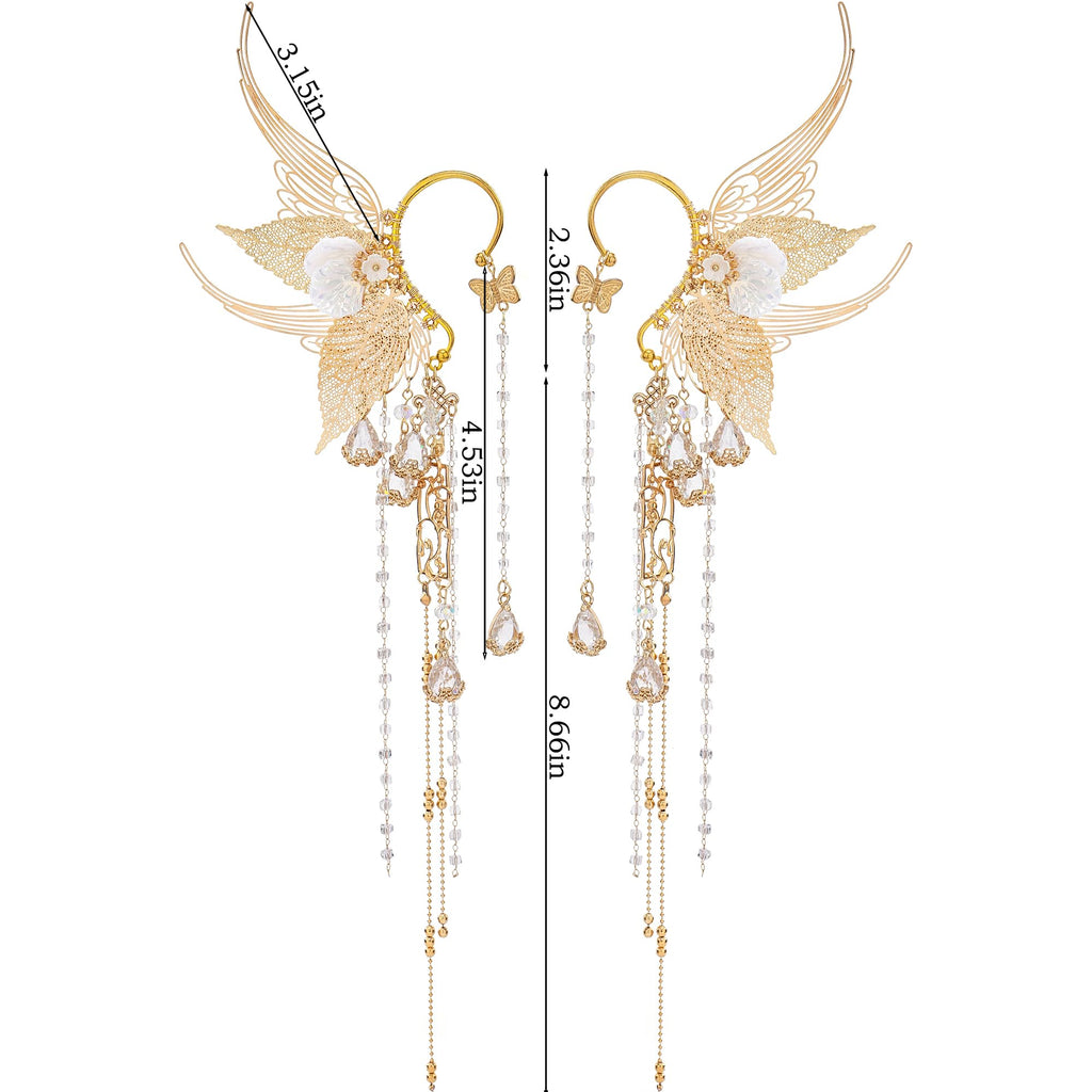 Renaissance Fairy Elf Ear Cuffs - Gold Mermaid Ears Elven Ear Cuffs with Tassel Butterfly Ear Wrap Earrings Non Piercing Earrings for Women Renfaire Halloween Christmas Dress Up Cosplay Accessories