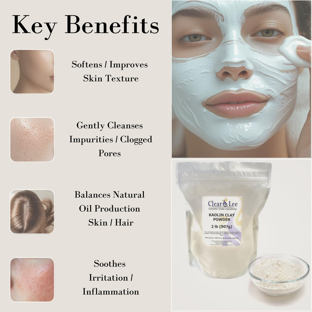 ClearLee Kaolin Clay Cosmetic Grade Powder - 100% Pure Natural Powder - Great For Skin Detox, Rejuvenation, and More - Heal Damaged Skin - DIY Clay Face Mask (5 LB)