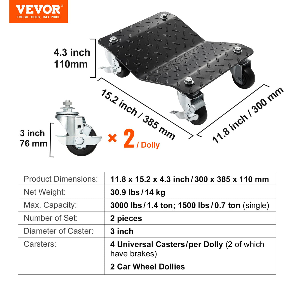 VEVOR Wheel Dolly, 3000 lbs Car Moving Dolly, Wheel Dolly Car Tire Stake Set of 2 Piece, Heavy-Duty Car Tire Dolly Cart Moving Cars, Trucks, Trailers, Motorcycles, and Boats