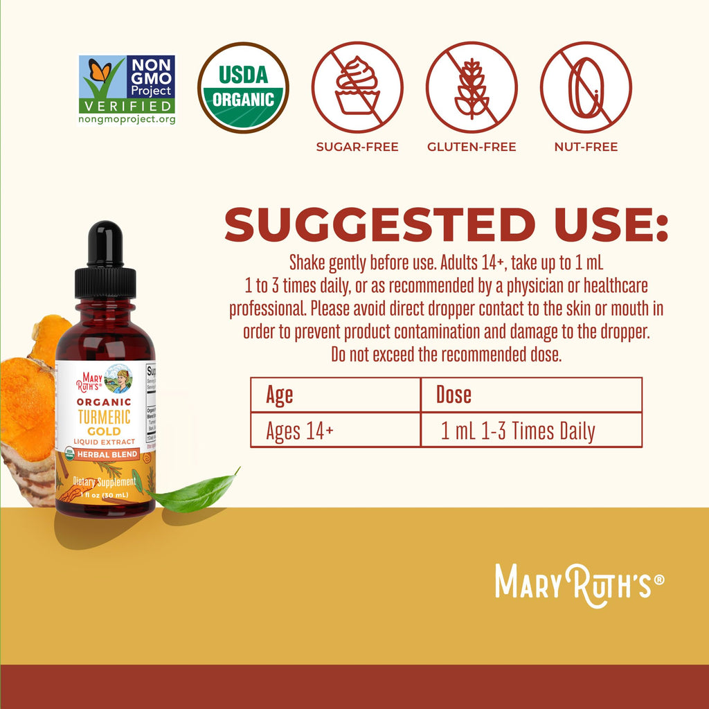 MaryRuth Organics USDA Turmeric Gold Liquid Drops | Herbal Blend | Turmeric Curcumin | Black Pepper | Cassia Cinnamon Bark | Ginger Root | Immune Support | Non-GMO Project Verified | Vegan | 1oz