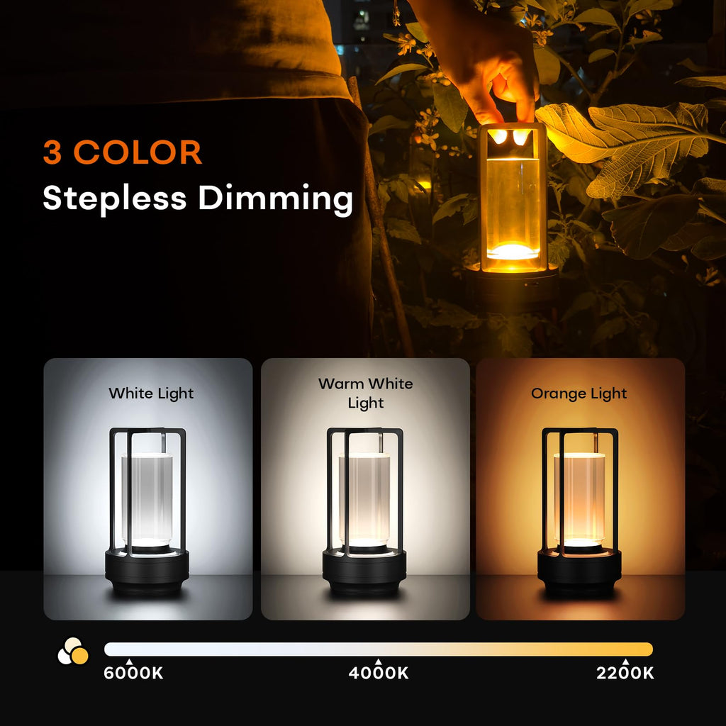HAPYGI Portable Metal Table Lamp for Indoor/Outdoor,Rechargeable Cordless LED Lamp, 3-Colour Infinitely Dimming Battery Powered Small Desk Lamp, Restaurant/Bedroom/Bar/Coffee/Camping Light (Black)