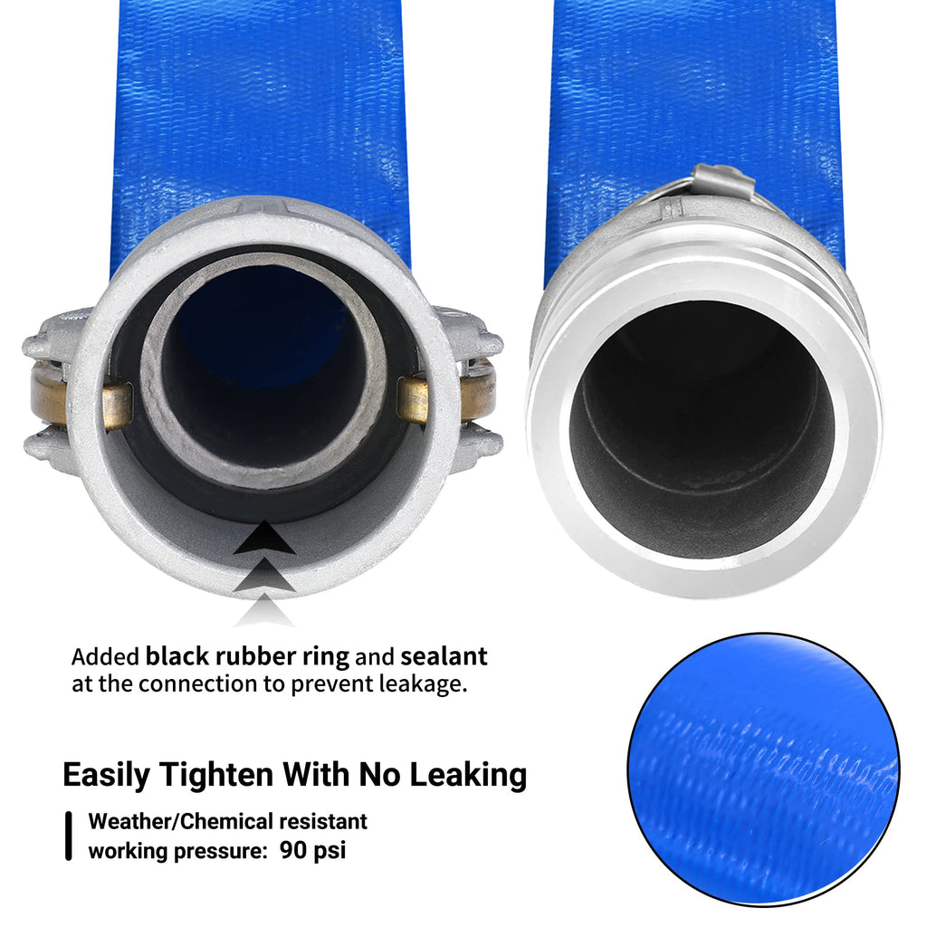 2-1/2" x 50ft PVC Lay Flat Discharge Hose With Aluminum Camlock C & E Fittings, Cam Lock Fitting Type F included, Heavy Duty Reinforced Pump Backwash Hose Assembly