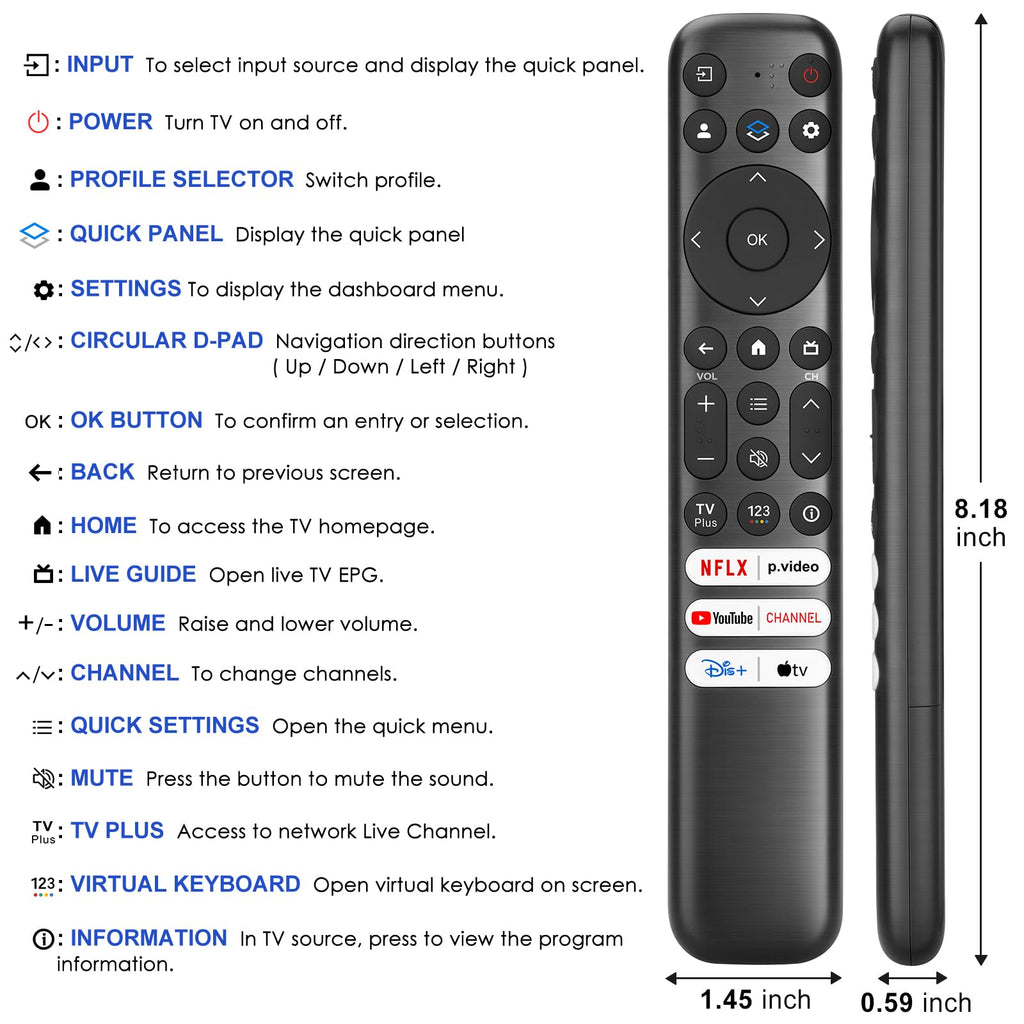 Replacement Only for TCL Google TV Remote Control,RC813 Compatible with TCL QM8/QM7/S5/S4/S3/Q7/Q6/Q5 4K UHD HDR LED QLED QD-Mini LED Full-HD Smart TVs
