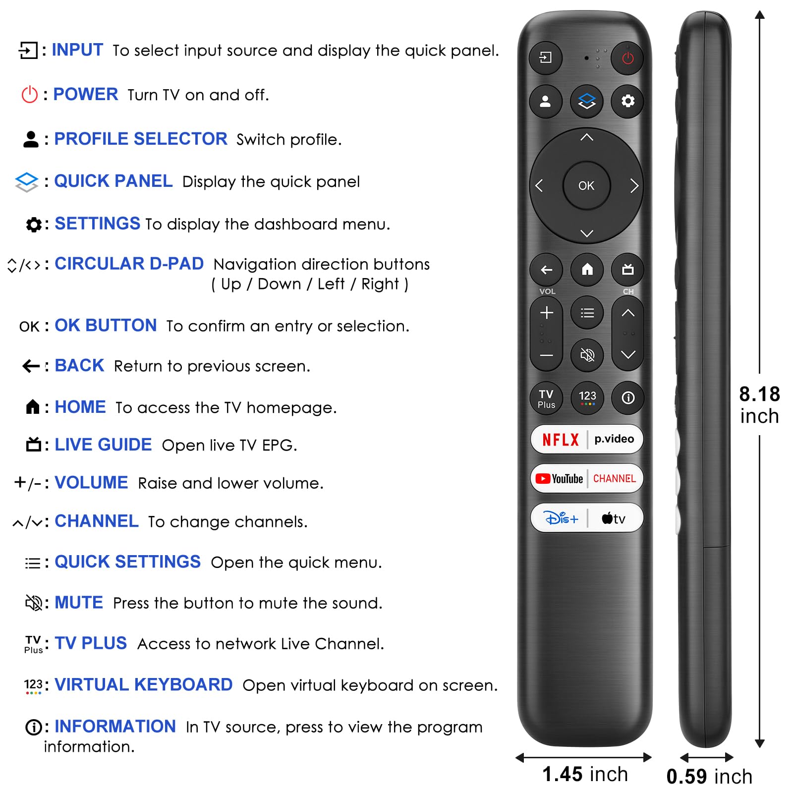 Replacement Only for TCL Google TV Remote Control,RC813 Compatible with TCL QM8/QM7/S5/S4/S3/Q7/Q6/Q5 4K UHD HDR LED QLED QD-Mini LED Full-HD Smart TVs