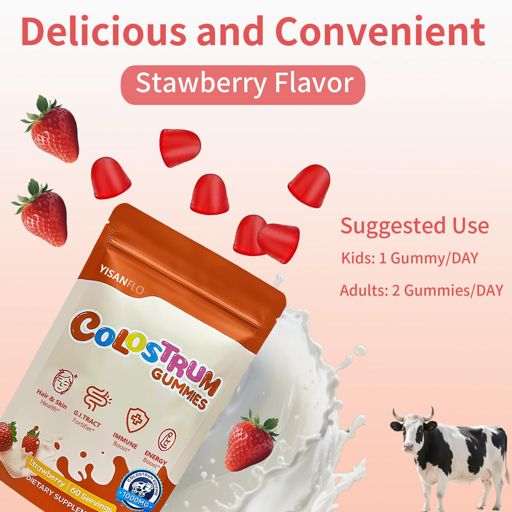 YISANFLO 60 Servings Colostrum Gummies | Delicious 1g per Serving Grass Fed Bovine Colostrum Supplement | Colostrum Chews for Gut Health, Immunity, Hair, Skin and Beauty | Strawberry Flavor