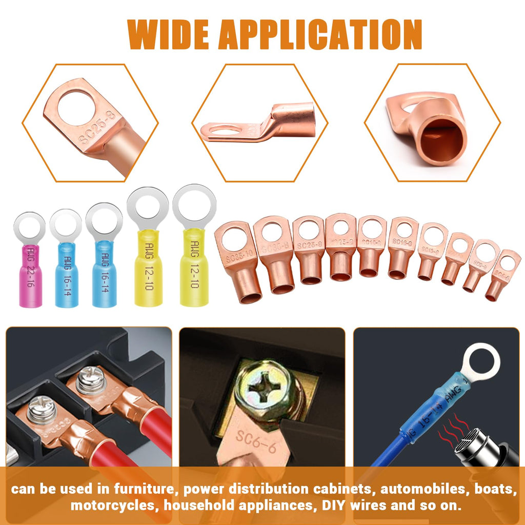 mankk 180PCS Copper Wire Lugs with Tool AWG 2 4 6 8 10 12 14 16 Gauge Battery Terminal Connectors Battery Cable Ends Connectors Copper Ring Terminal Kit with Heat Shrink
