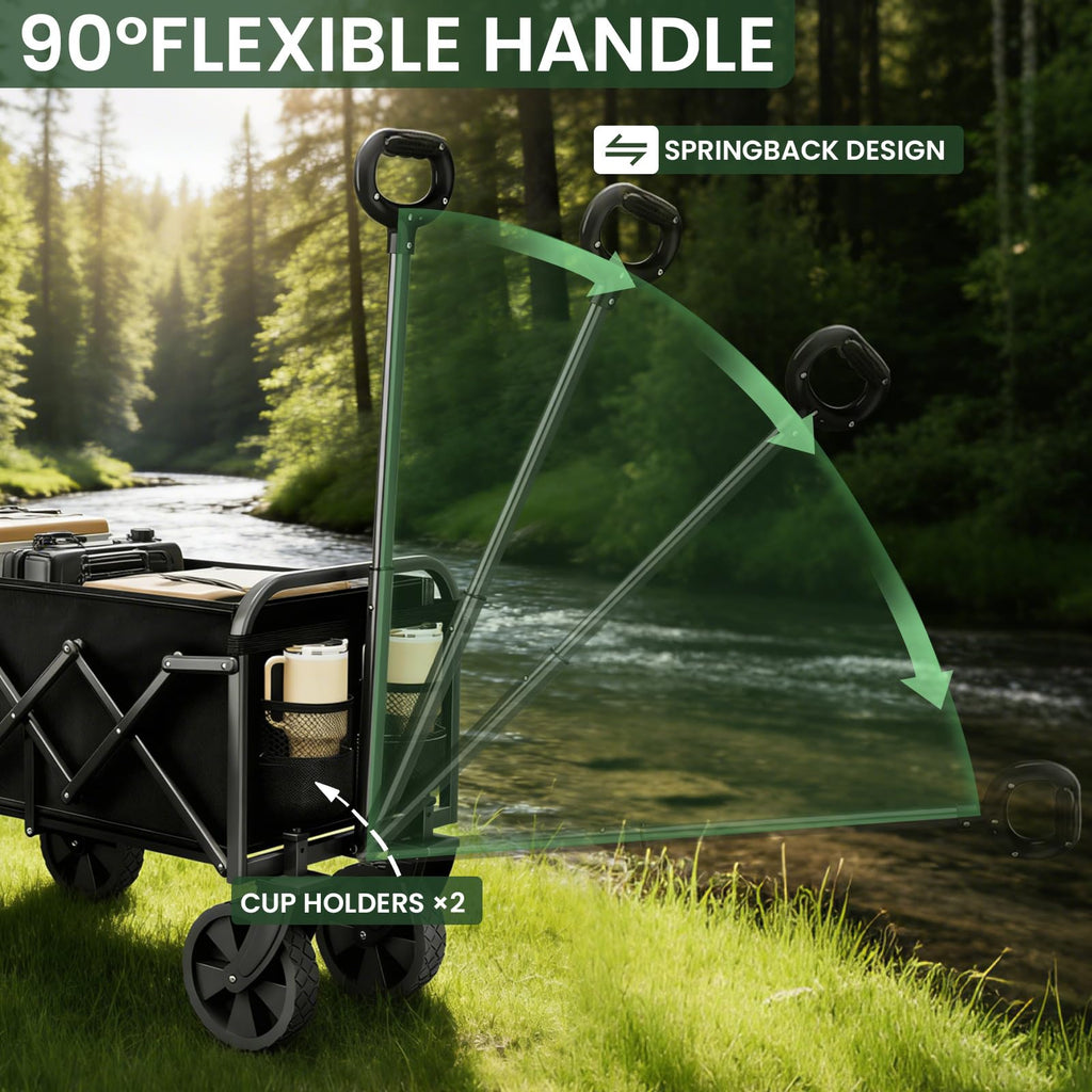 Foldable Wagon, Collapsible Wagon with Wheels, Small Wagons Cart with Flexible Handle, Portable Grocery Utility Wagons for Camping, Garden, Sports, Black