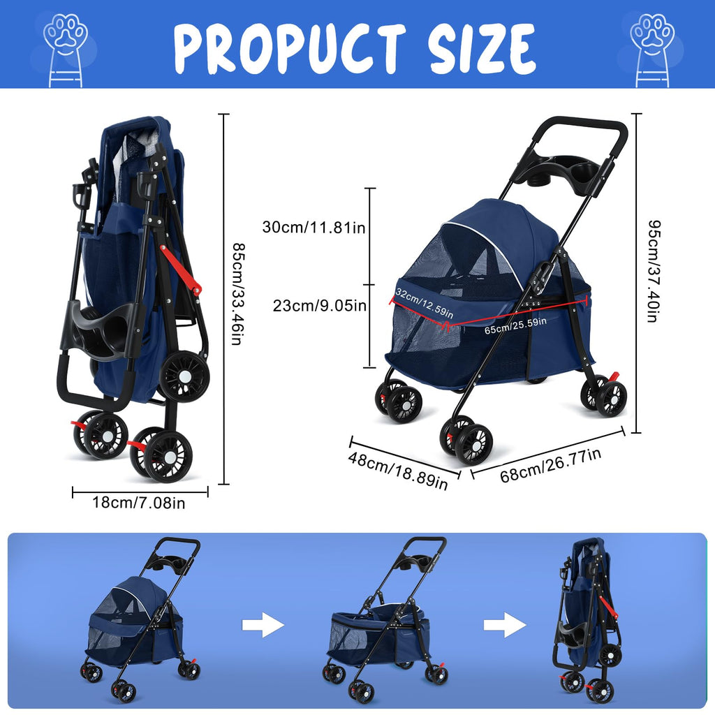 sxvbdway 4 Wheels Pet Stroller for Medium Small Dog up to 50lbs, Dog Cat Stroller, Outdoor Travel Pet Folding Strollers, Cat Cage Strollers with Cup Holder, Breathable and Visible Mesh (1 Set-Blue)