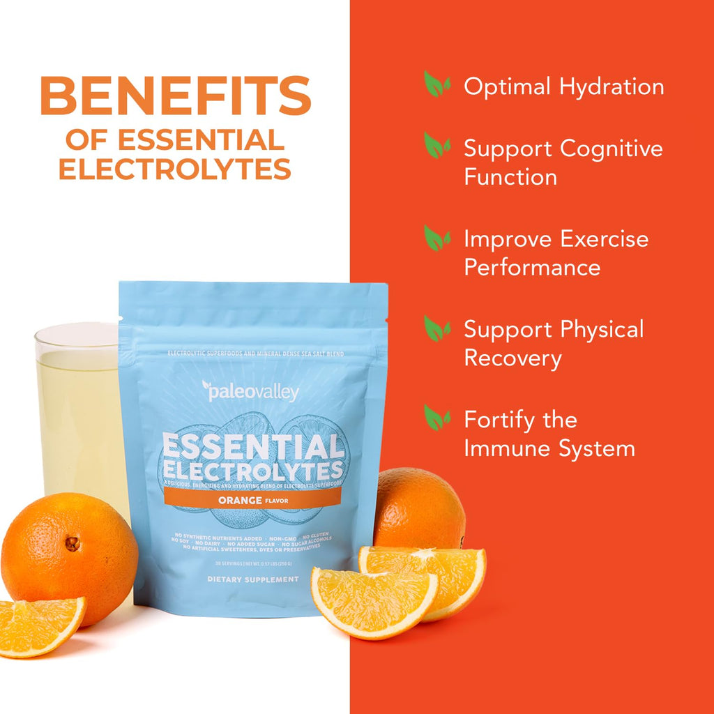 Paleovalley Essential Electrolytes Powder - Full Spectrum Orange Electrolyte Powder for Hydration, Energy and Muscle Recovery - No Sugar Added - 30 Servings