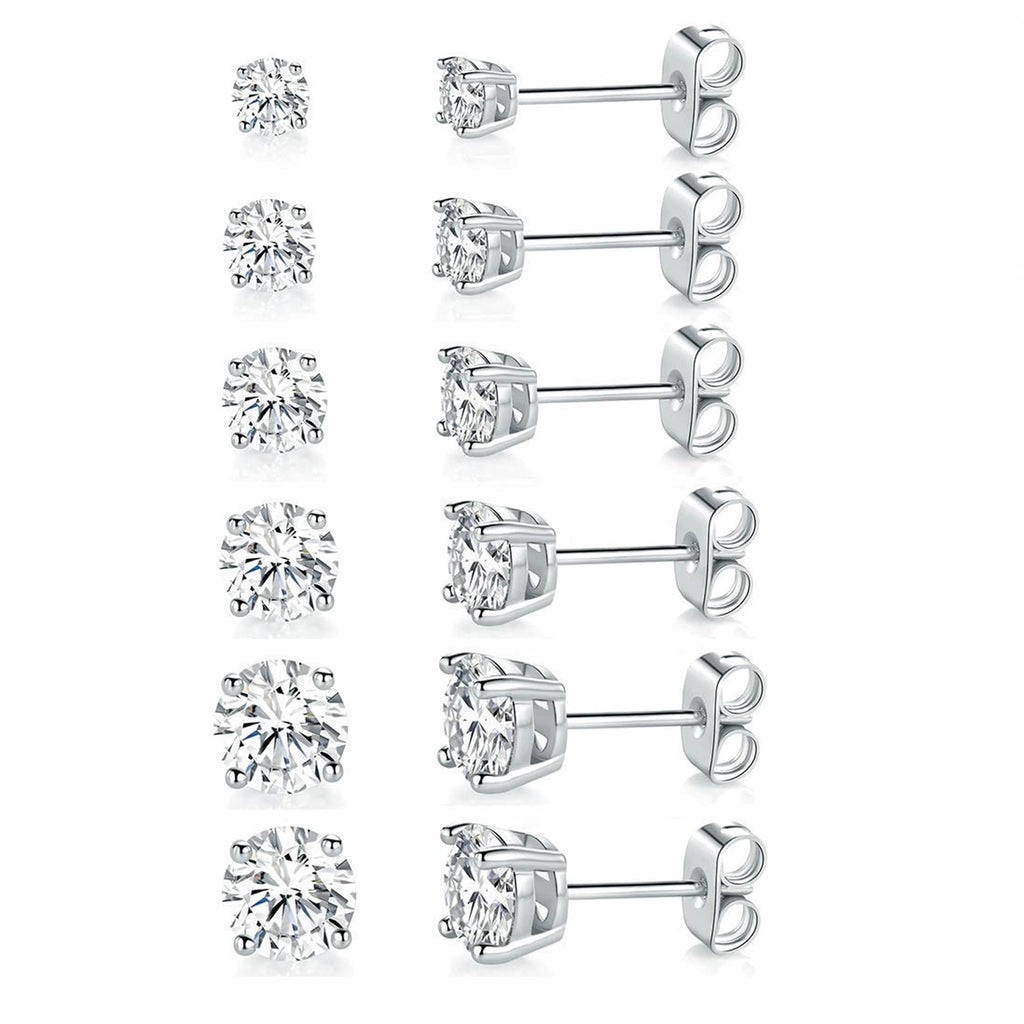 18K White Gold Plated Round Cubic Zirconia Stud Earrings Pack, 6 Pairs