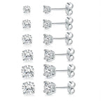 18K White Gold Plated Round Cubic Zirconia Stud Earrings Pack, 6 Pairs