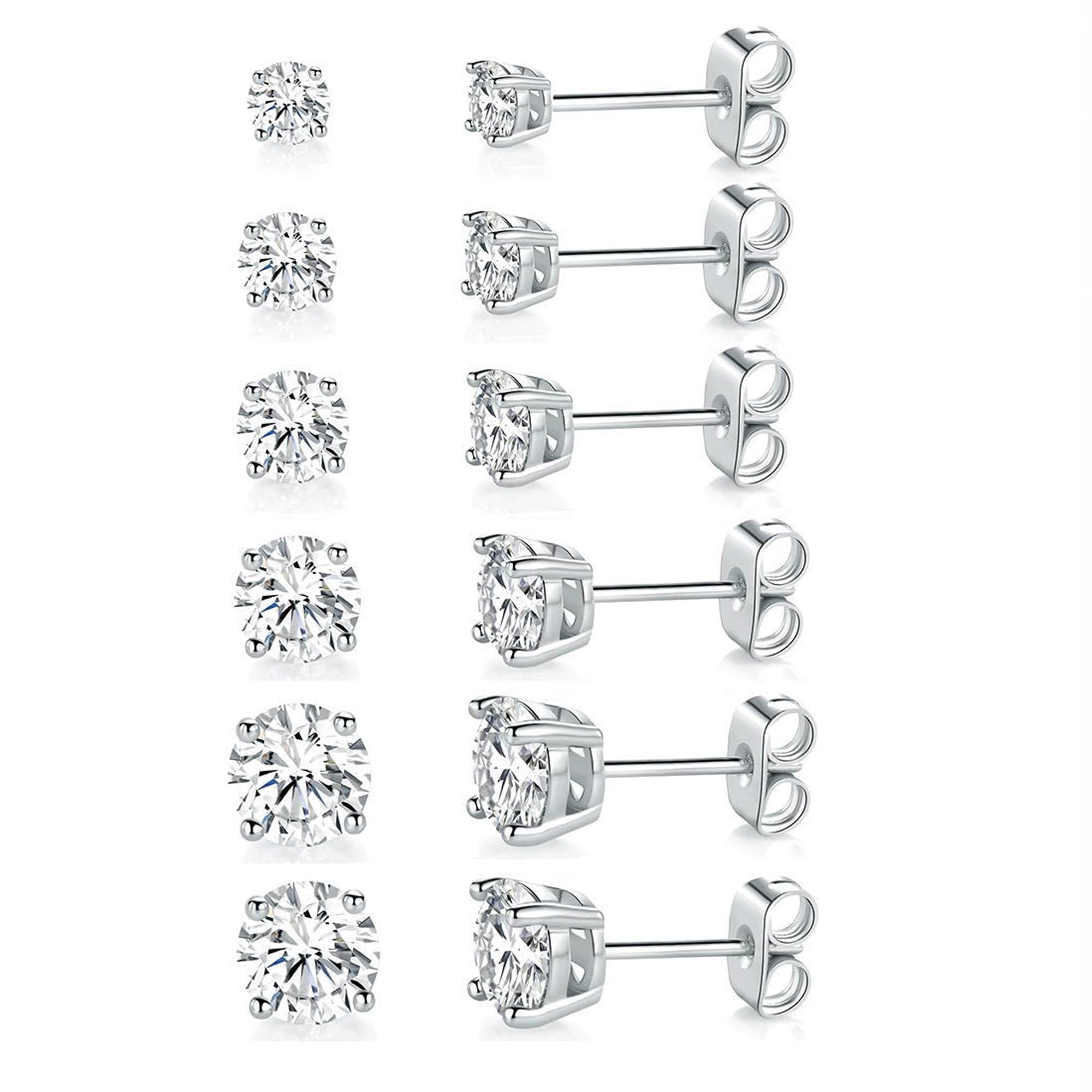 18K White Gold Plated Round Cubic Zirconia Stud Earrings Pack, 6 Pairs