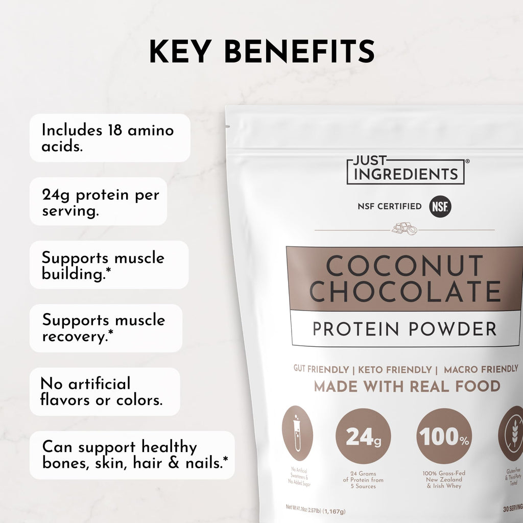 JUST INGREDIENTS Coconut Chocolate Protein Powder – 30-Serving Blend with 100% Grass-Fed Whey & Organic Plant Proteins – Creamy Coconut Cocoa Flavor – Supports Muscle Recovery, Energy*