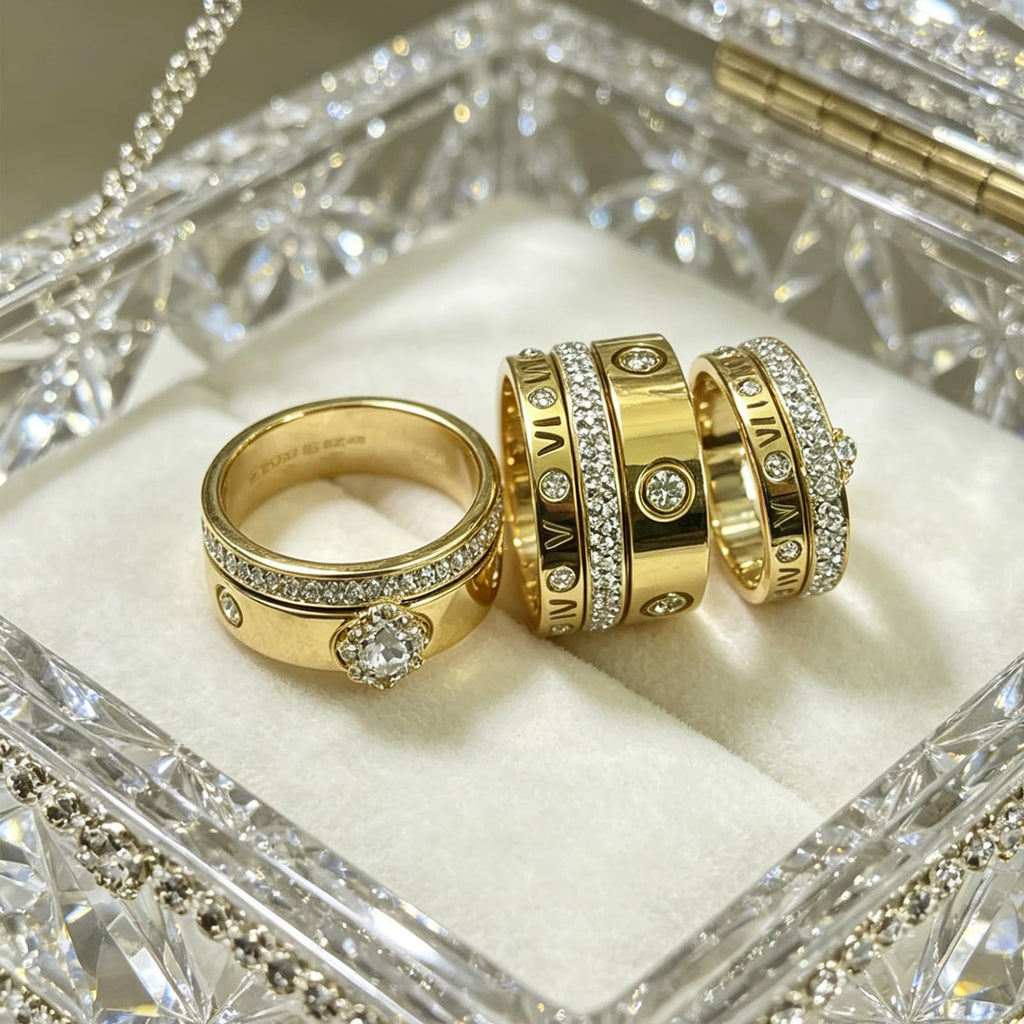 YIKOXI Gold Rings Set for Women 18K Gold Plated Titanium Steel Dainty Cubic Zirconia Rings Fashion Stacking Bands Valentines Day Mother's Day Christmas Day Best Gifts (Gold, 8)