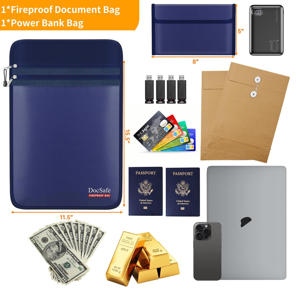 DocSafe Fireproof Document Bag (5200℉) with Fireproof Organizer Travel Case,Heat Insulated Fire＆Water Resistant 8 Layers Safe Money Bag Storage for Important Documents,Cash,Power Bank,Valuables,Blue