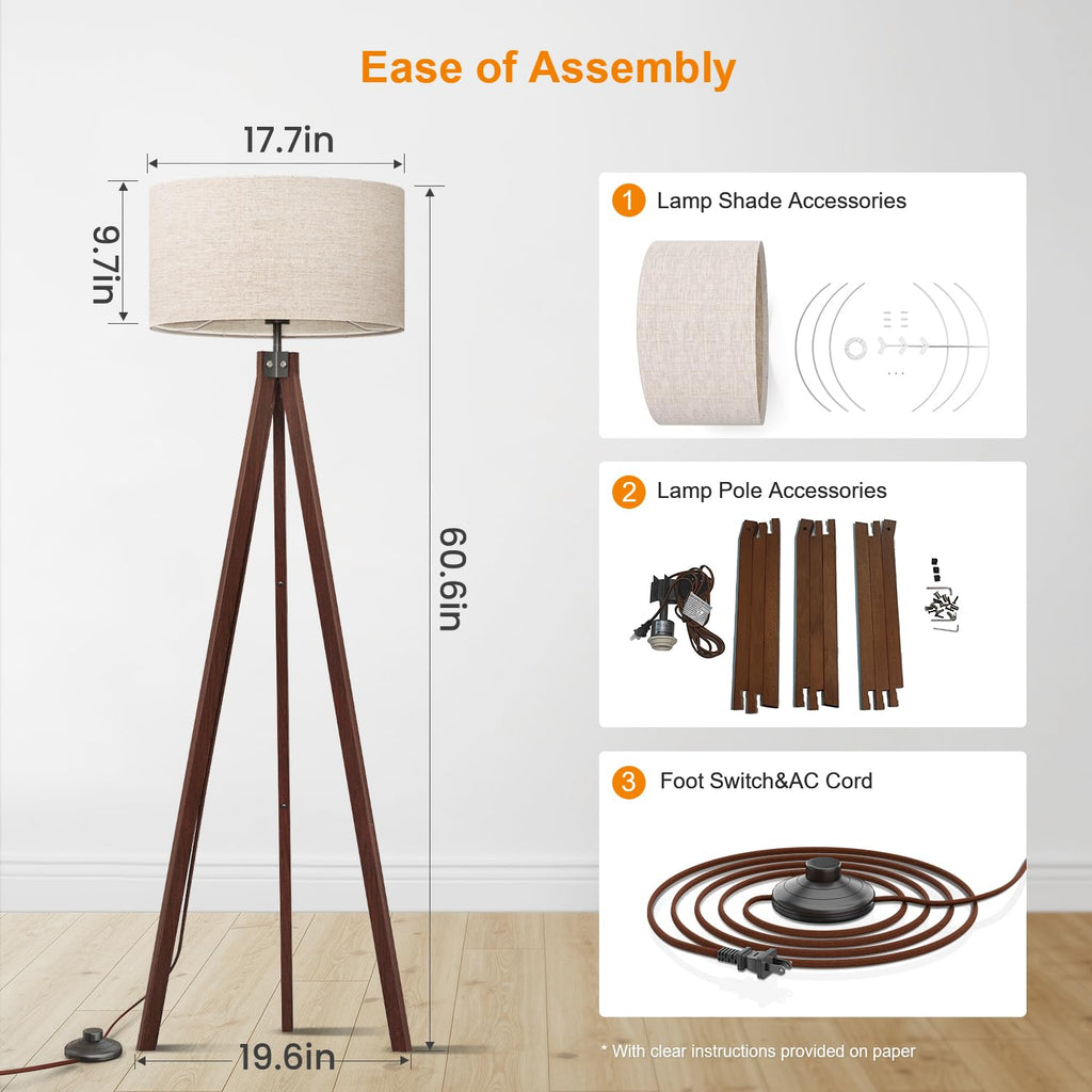 LEPOWER Wood Tripod Floor Lamp, Mid Century Standing Lamp, Modern Design Studying Light for Living Room, Bedroom, Study Room and Office, Flaxen Lamp Shade with E26 Base Walnut