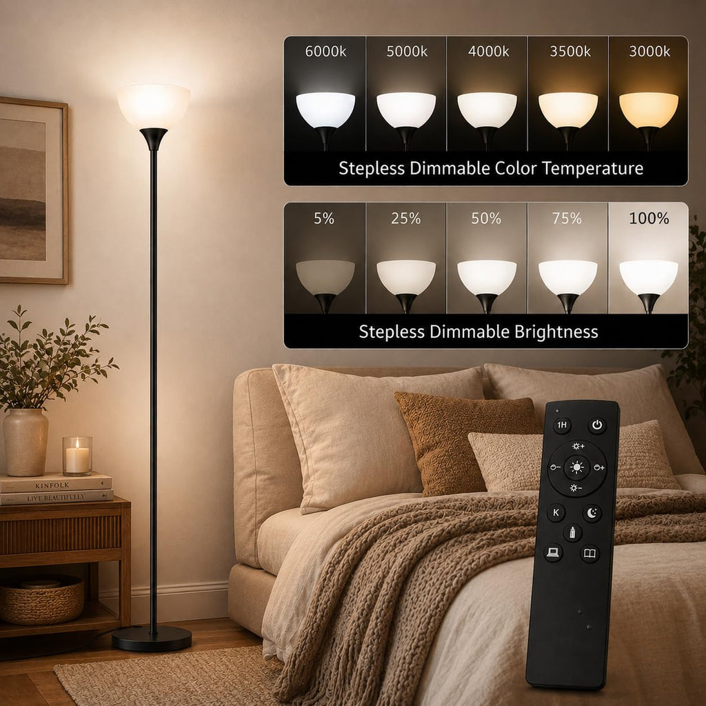 PESRAE Floor Lamp, Remote Control with Stepless Color Temperatures and Brightness, Torchiere lamp for Bedroom, Living Room, Bulb Included (Matte Black)
