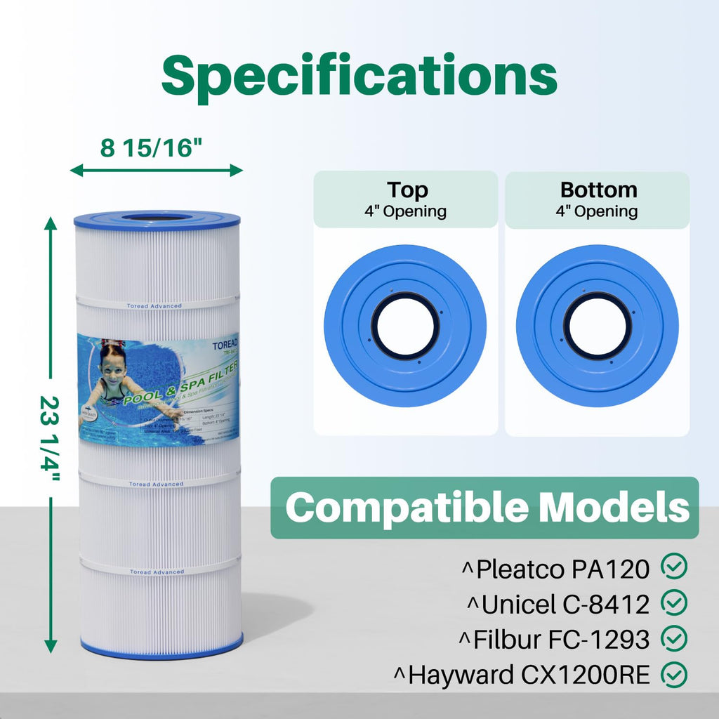 TOREAD PA120 Pool Filter Replacement for Ultra-B2, CX1200RE, C1200, Unicel C-8412, Filbur FC-1293, Waterway Clearwater II, Pro Clean 125, 817-0125N, Aladdin 22002, L x OD:23 1/4"x 8 15/16"